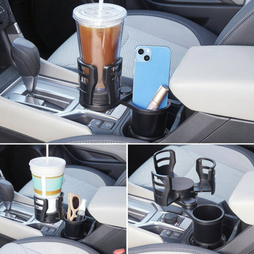 Porte-gobelet double pour voiture en fibre de carbone tenant un café, une bouteille d'eau et un hamburger