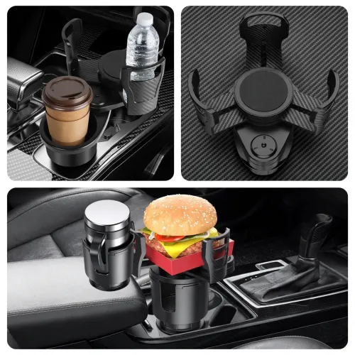 Porte-gobelet extensible 2-en-1 voiture Porte-gobelet double pour voiture en fibre de carbone tenant un café, une bouteille d'eau et un hamburger