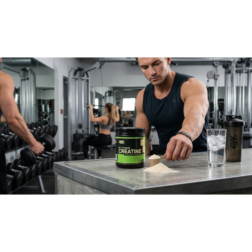 Pot noir et vert de créatine en poudre Optimum Nutrition Micronized Creatine Powder à côté d'une cuillère mesure doseuse et d'un petit tas de poudre blanche sur fond blanc