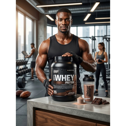 Grand pot noir et doré de protéine Nutrex Research 100% Whey Protein saveur chocolat posé à côté de carrés de chocolat au lait empilés sur fond blanc