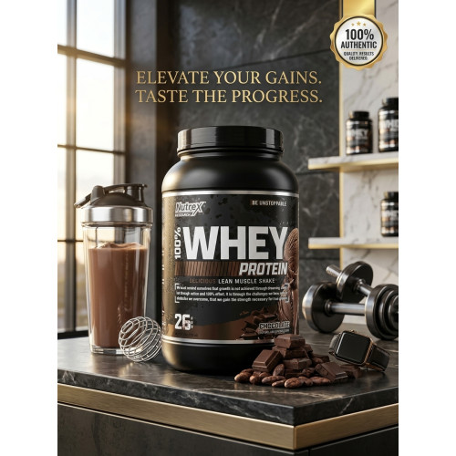 Grand pot noir et doré de protéine Nutrex Research 100% Whey Protein saveur chocolat posé à côté de carrés de chocolat au lait empilés sur fond blanc