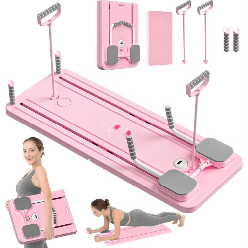  Planche de fitness Pilates multifonctionnelle rose pliable montrant plusieurs positions d'exercices par une femme en tenue de sport grise