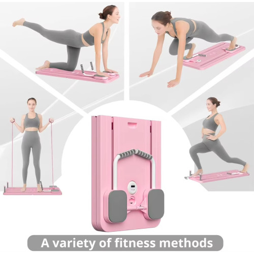  Planche de fitness Pilates multifonctionnelle rose pliable montrant plusieurs positions d'exercices par une femme en tenue de sport grise