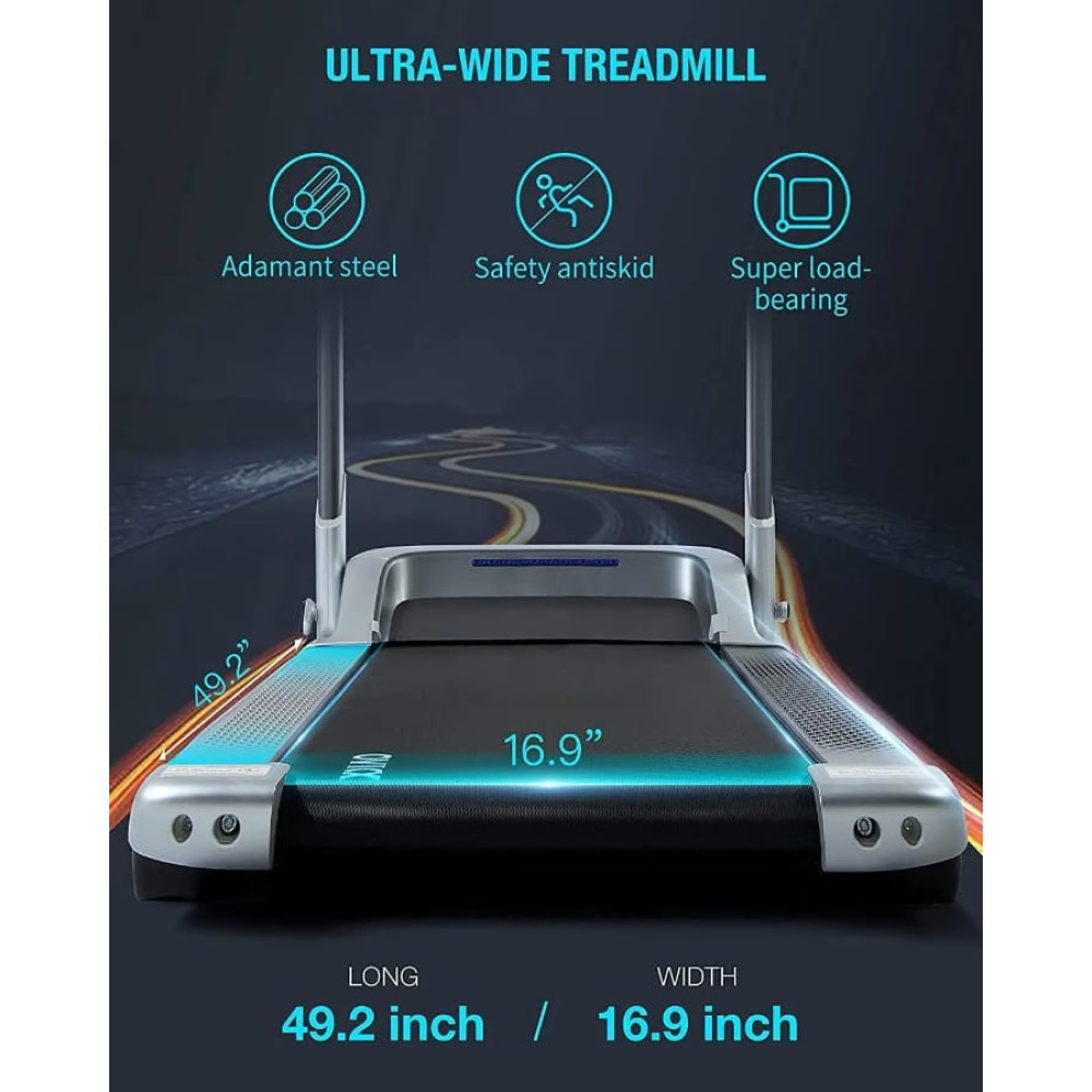 Tapis de course pliable moderne OVICX avec une piste de course ultra-large grise et des indicateurs de dimensions en pouces