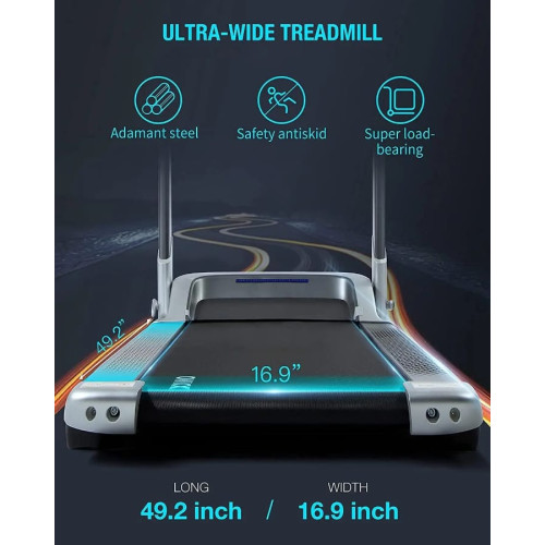Tapis de course pliable moderne OVICX avec une piste de course ultra-large grise et des indicateurs de dimensions en pouces