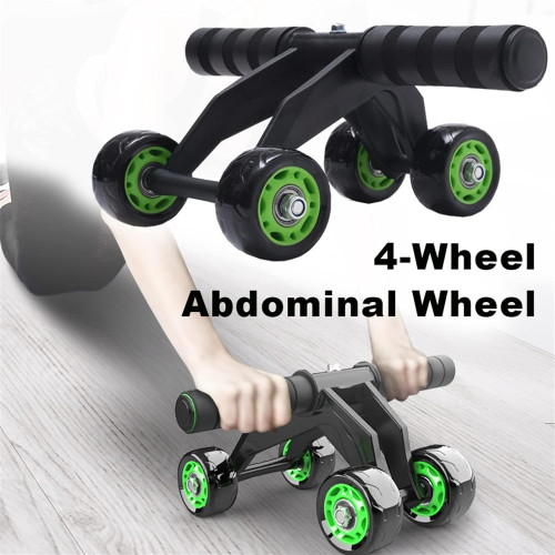 Roue abdominale noire a 4 roues vertes et poignées en mousse avec une démonstration d'utilisation pour le gainage