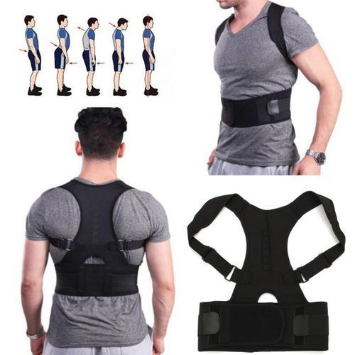 Correcteur de posture noir avec ceintures lombaires et schéma d'alignement du dos