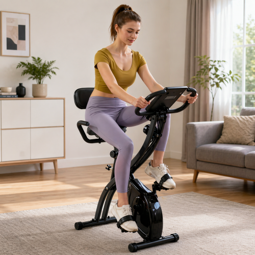 Vélo d'appartement cardio confort mbectemi Sénégal Femme s'entraînant sur un vélo d'appartement noir pliable mbectemi Dakar