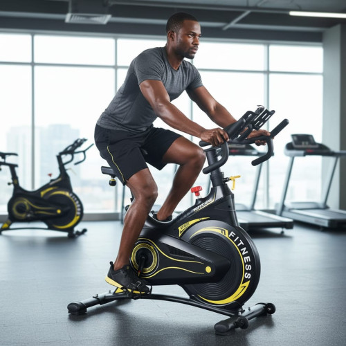  Vélo d'appartement de spinning professionnel noir et jaune en acier avec une femme souriante à côté