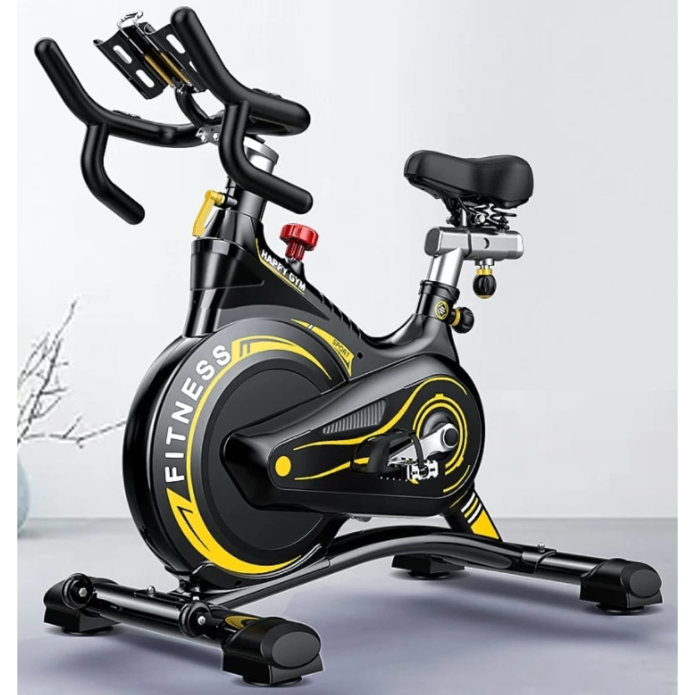  Vélo d'appartement de spinning professionnel noir et jaune en acier avec une femme souriante à côté