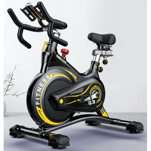  Vélo d'appartement de spinning professionnel noir et jaune en acier avec une femme souriante à côté