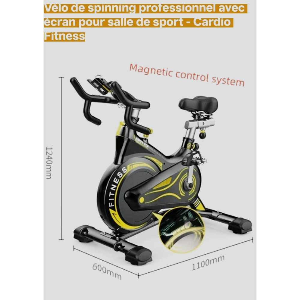  Vélo d'appartement de spinning professionnel noir et jaune en acier avec une femme souriante à côté
