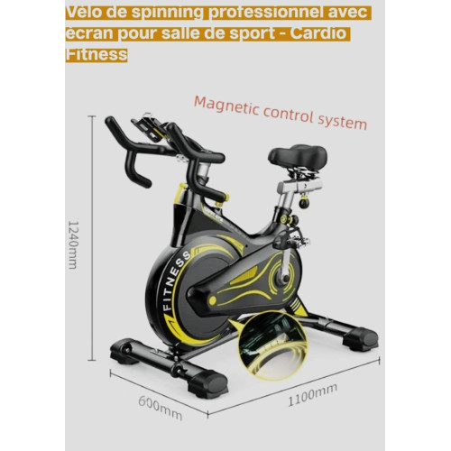  Vélo d'appartement de spinning professionnel noir et jaune en acier avec une femme souriante à côté