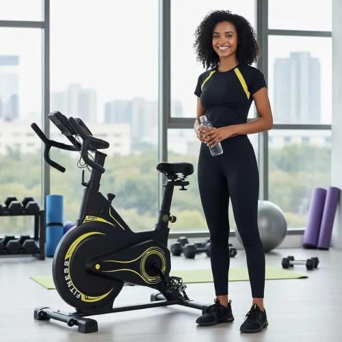 Vélo d'appartement spinning professionnel acier Vélo d'appartement de spinning professionnel noir et jaune en acier avec une femme souriante à côté