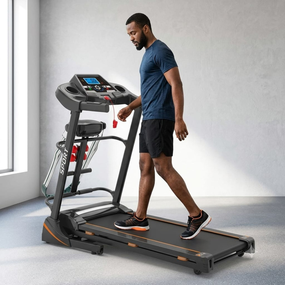 Tapis de course électrique multifonction E-SPORT Tapis de course électrique noir et orange de la marque E-SPORT avec appareil de massage et haltères intégrés