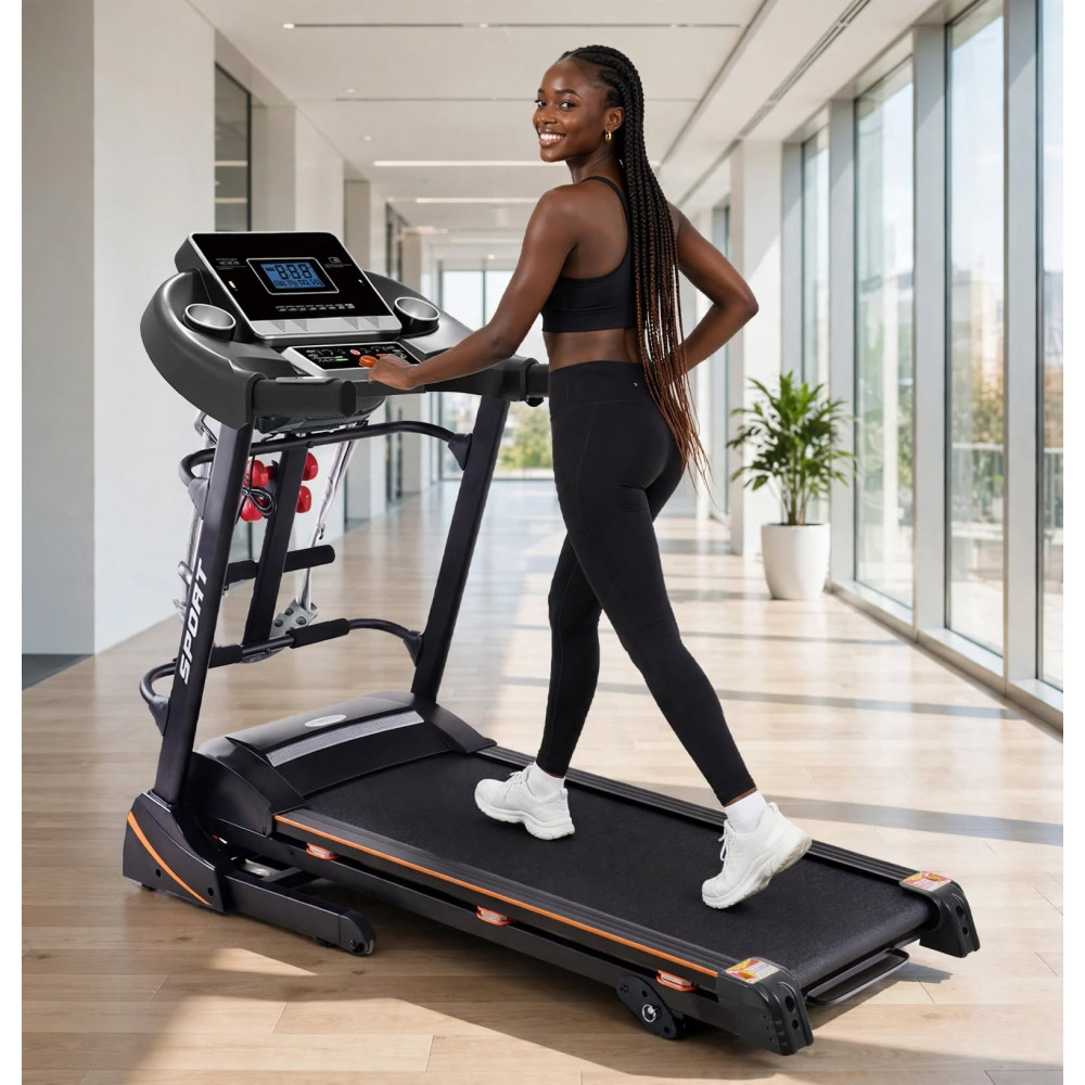 Tapis de course électrique multifonction E-SPORT Tapis de course électrique noir et orange de la marque E-SPORT avec appareil de massage et haltères intégrés
