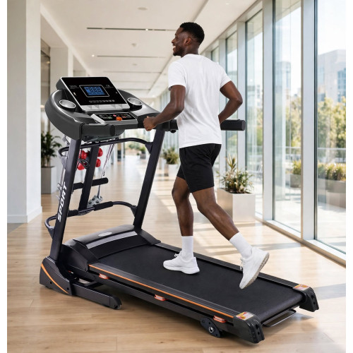 Tapis de course électrique multifonction E-SPORT Tapis de course électrique noir et orange de la marque E-SPORT avec appareil de massage et haltères intégrés