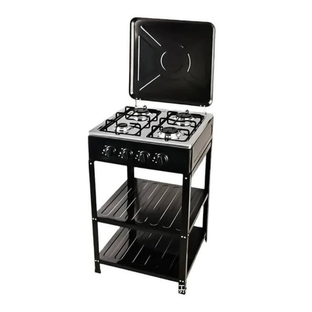 Cuisinière a Gaz 4 Feux avec Table Support et Etagère de Rangement Noir
