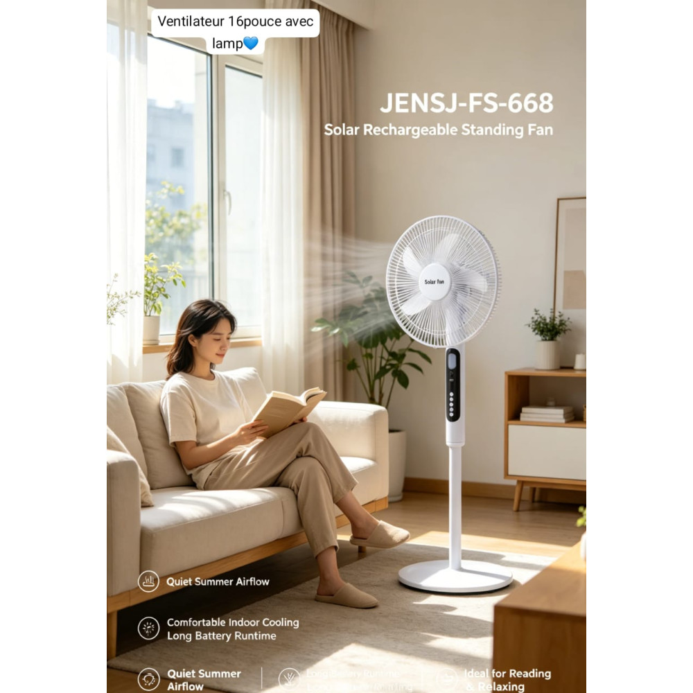 Ventilateur Solaire sur Pied 16 Pouces avec Lampe Intégrée