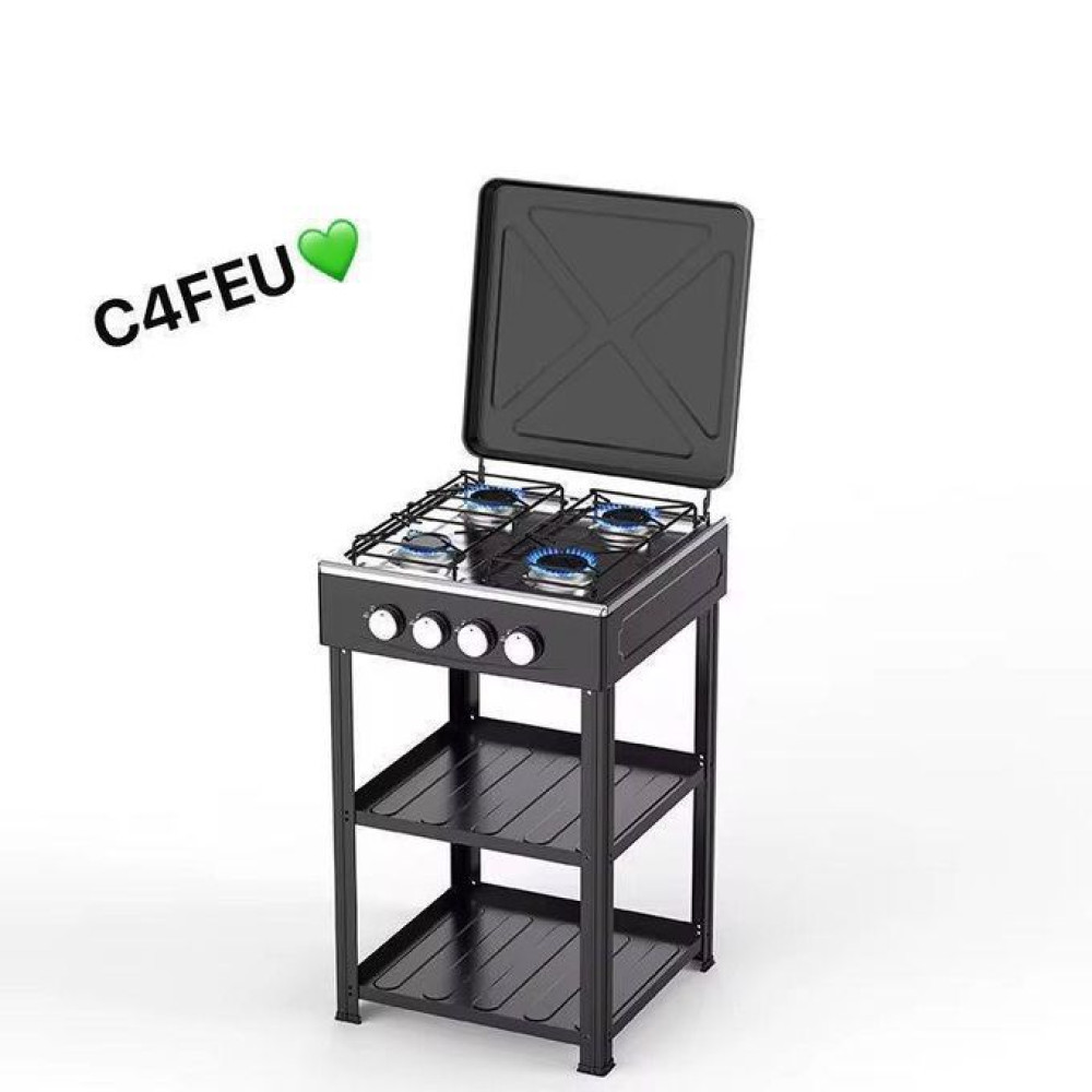 Cuisinière a Gaz 4 Feux avec Table Support et Etagère de Rangement Noir