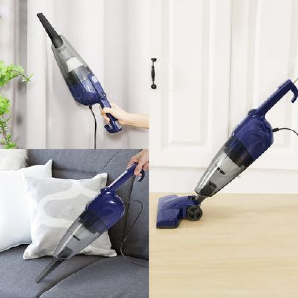 aspirateur-balai-2-en-1-raf-r8673b Aspirateur balai 2-en-1 RAF R.8673B bleu en version balai et version main à côté de sa boîte d'emballage.