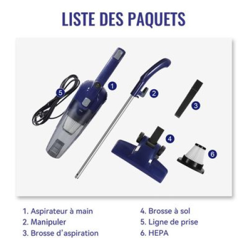 aspirateur-balai-2-en-1-raf-r8673b Aspirateur balai 2-en-1 RAF R.8673B bleu en version balai et version main à côté de sa boîte d'emballage.