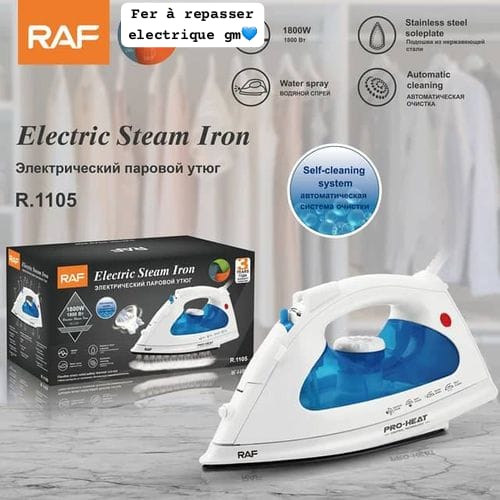 fer-a-repasser-vapeur-raf-r1105-blanc-bleu-mbectemi-market Fer à repasser électrique à vapeur RAF R.1105 blanc et bleu à côté de son emballage cartonné sur fond de dressing