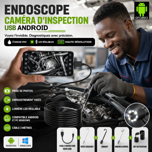 Caméra endoscopique Android Flexible IP67 étanche - 3m