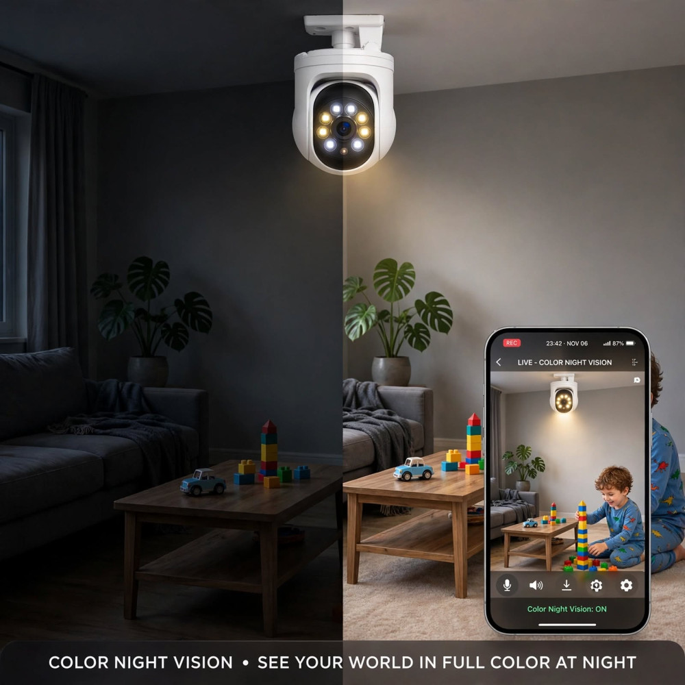 Caméra de sécurité intérieure blanche V380 à double objectif avec vue sur smartphone et accessoires de montage
