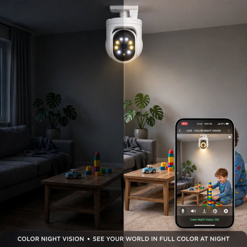 Caméra de sécurité intérieure blanche V380 à double objectif avec vue sur smartphone et accessoires de montage