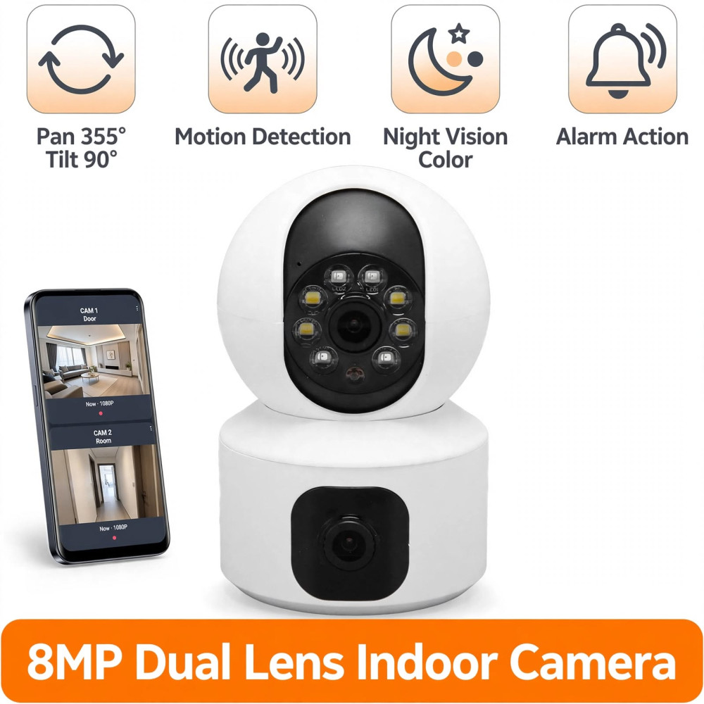 Caméra de sécurité intérieure blanche V380 à double objectif avec vue sur smartphone et accessoires de montage