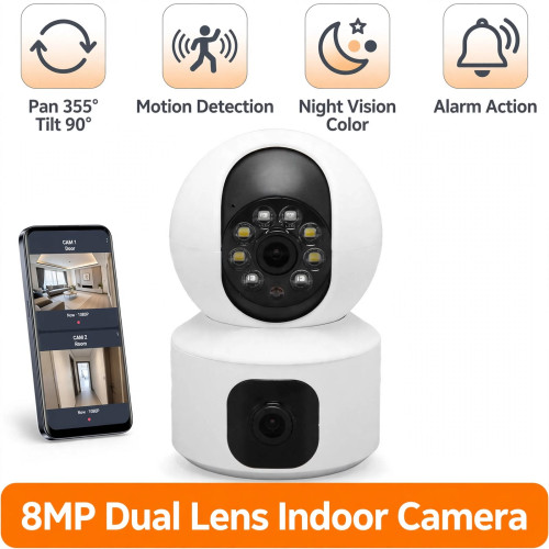 Caméra de sécurité intérieure blanche V380 à double objectif avec vue sur smartphone et accessoires de montage