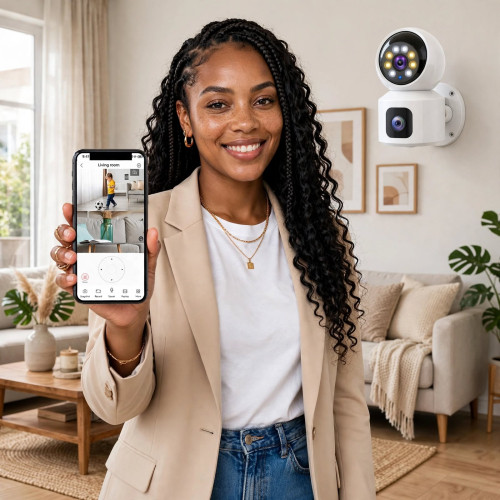 Caméra de sécurité intérieure blanche V380 à double objectif avec vue sur smartphone et accessoires de montage