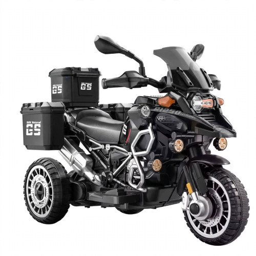 Moto électrique noire pour enfant à 3 roues inspirée du modèle BMW Motorrad GS 1250 avec trois coffres de rangement à l'arrière