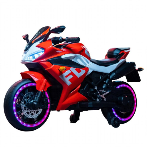 Moto électrique de sport enfant roues lumineuses Moto électrique de sport rouge et blanche pour enfant avec des lumières LED violettes intégrées dans les roues et deux petites roues stabilisatrices