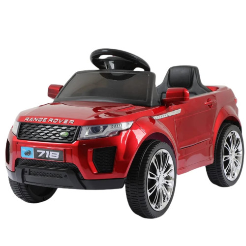 Voiture électrique rouge pour enfant inspirée du modèle Range Rover avec plaque 718 et jantes chromées sur fond blanc