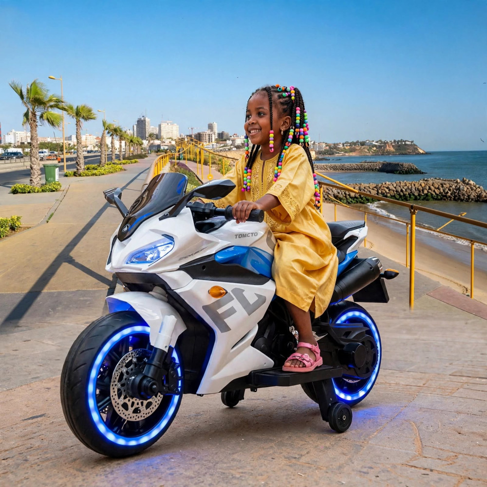 Moto Électrique de Sport pour Enfant avec Roues Lumineuses LED - Bleu et Blanc Moto Électrique de Sport pour Enfant avec Roues Lumineuses LED - Bleu et Blanc
