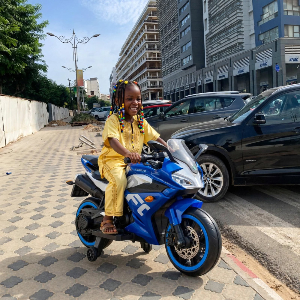 Moto électrique de sport bleue et blanche TOMOTO pour enfant avec petites roues stabilisatrices posée en extérieur