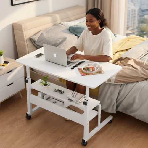 Bureau Ordinateur Mobile Réglable avec Étagères – Table de Travail Portable avec Roulettes Bureau Ordinateur Mobile Réglable avec Étagères – Table de Travail Portable avec Roulettes