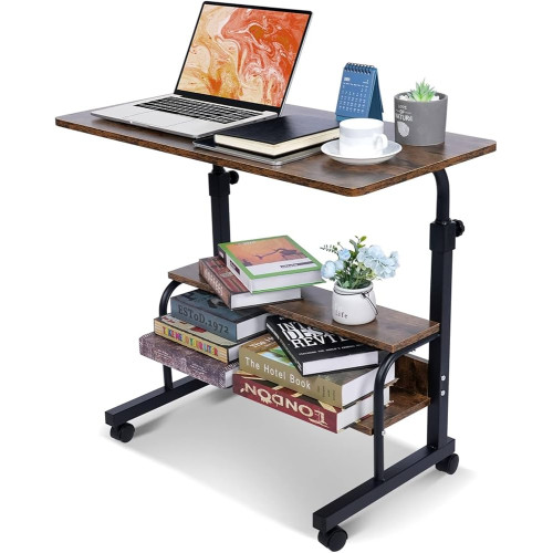 Bureau Ordinateur Mobile Réglable avec Étagères – Table de Travail Portable avec Roulettes