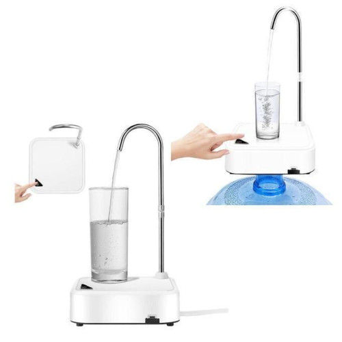 Pompe à eau électrique automatique blanche avec robinet en inox et verre d'eau posé dessus
