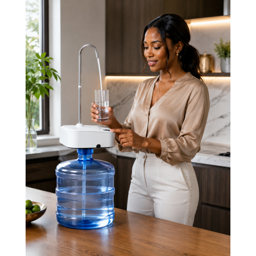 Pompe à eau électrique pour bonbonne Pompe à eau électrique automatique blanche avec robinet en inox et verre d'eau posé dessus