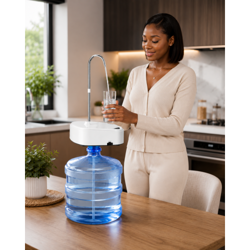 Pompe à eau électrique pour bonbonne Pompe à eau électrique automatique blanche avec robinet en inox et verre d'eau posé dessus
