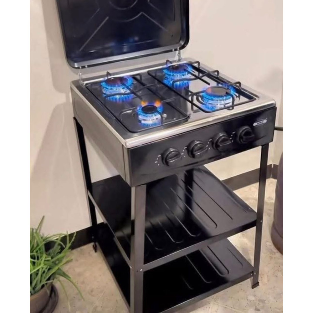 Cuisinière a Gaz 4 Feux avec Table Support et Etagère de Rangement Intégrée