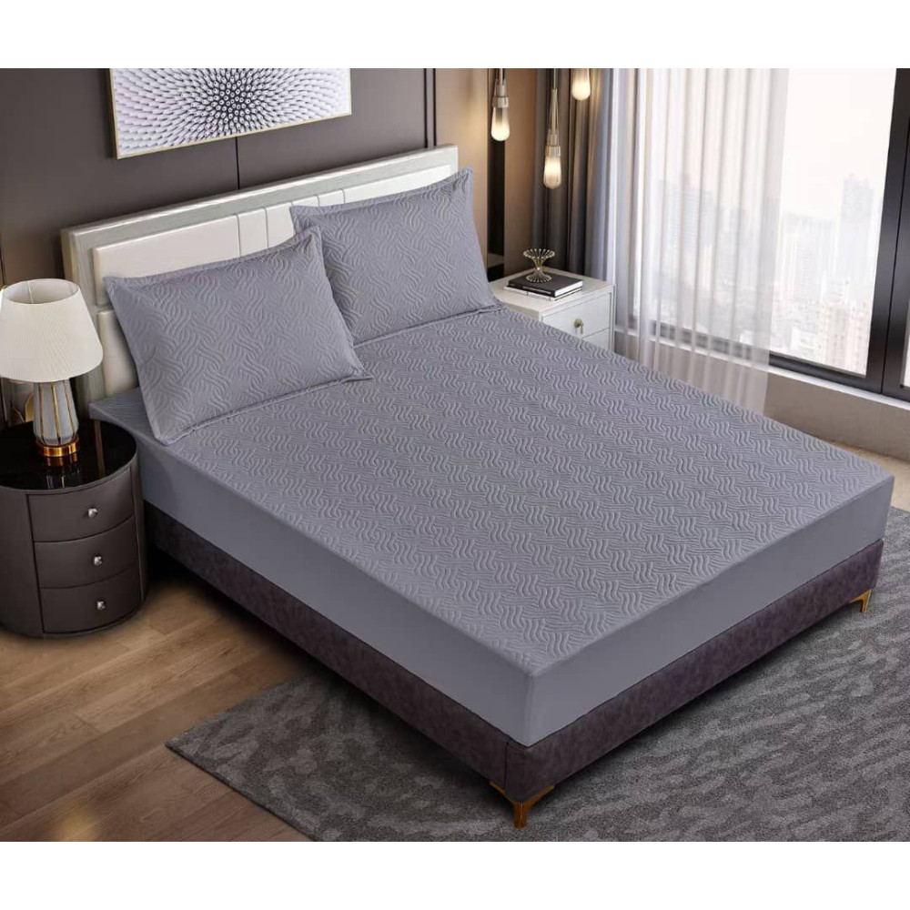 Drap housse imperméable gris avec deux taies d oreiller 200x220 cm