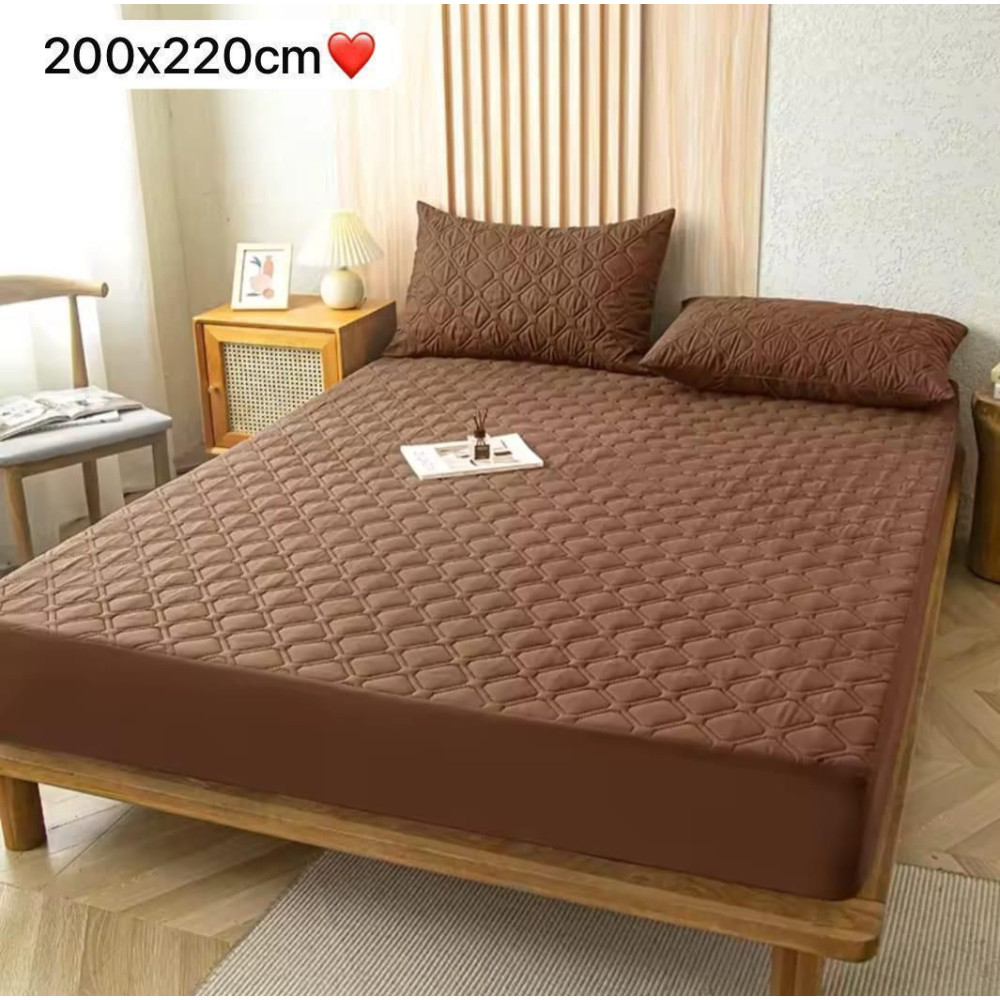 Drap housse imperméable marron avec deux taies d oreiller 200x220 cm