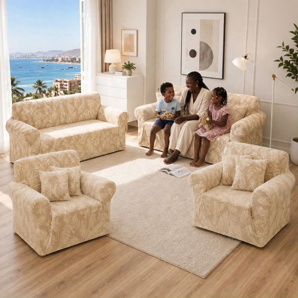  Lot de Housses de Canapé et Fauteuil 7 Places Élastiques - Beige aux Motifs Feuillage