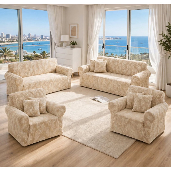  Lot de Housses de Canapé et Fauteuil 7 Places Élastiques - Beige aux Motifs Feuillage