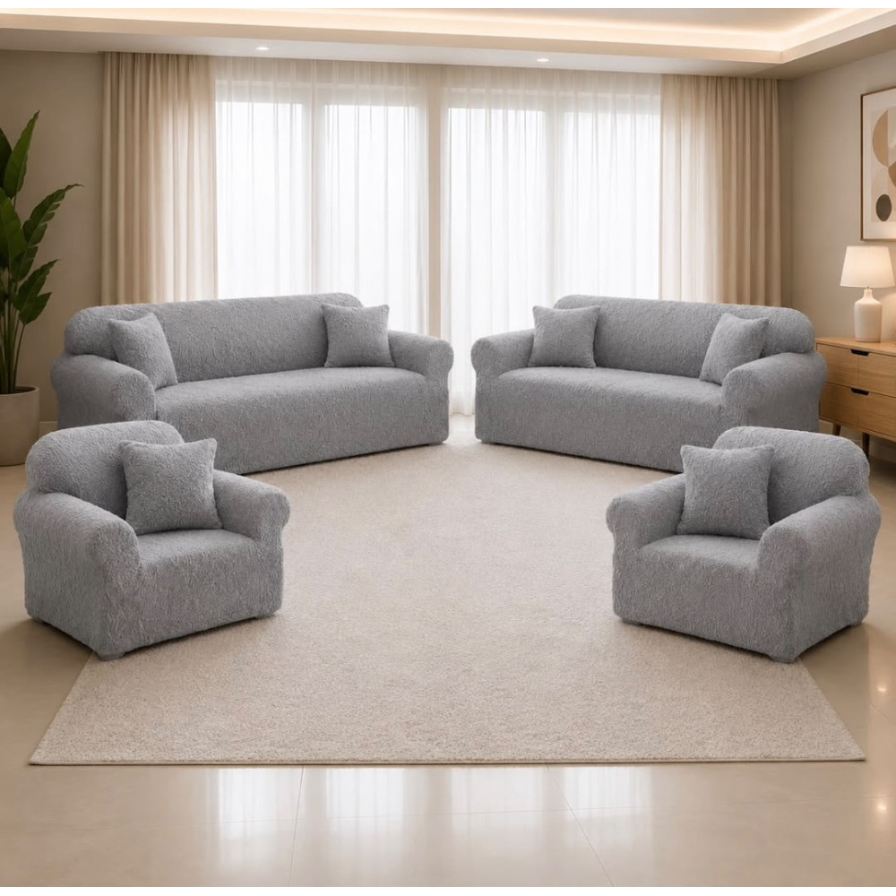Ensemble de Housses de Canapé et Fauteuil 7 Places Élastiques Sans Volant - Gris Clair