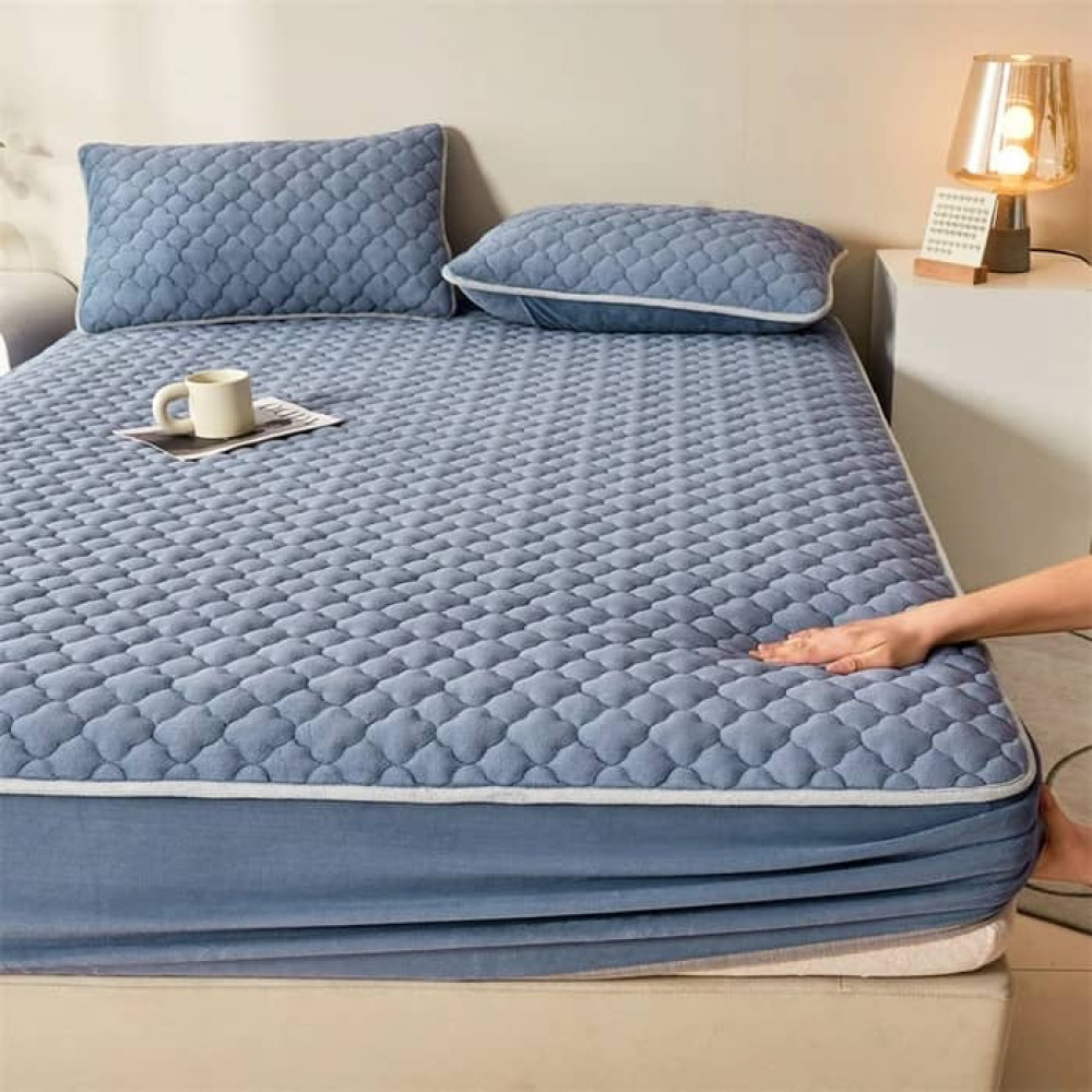 Ensemble couvre-lit matelassé bleu denim velours avec taies d'oreiller - 3 places